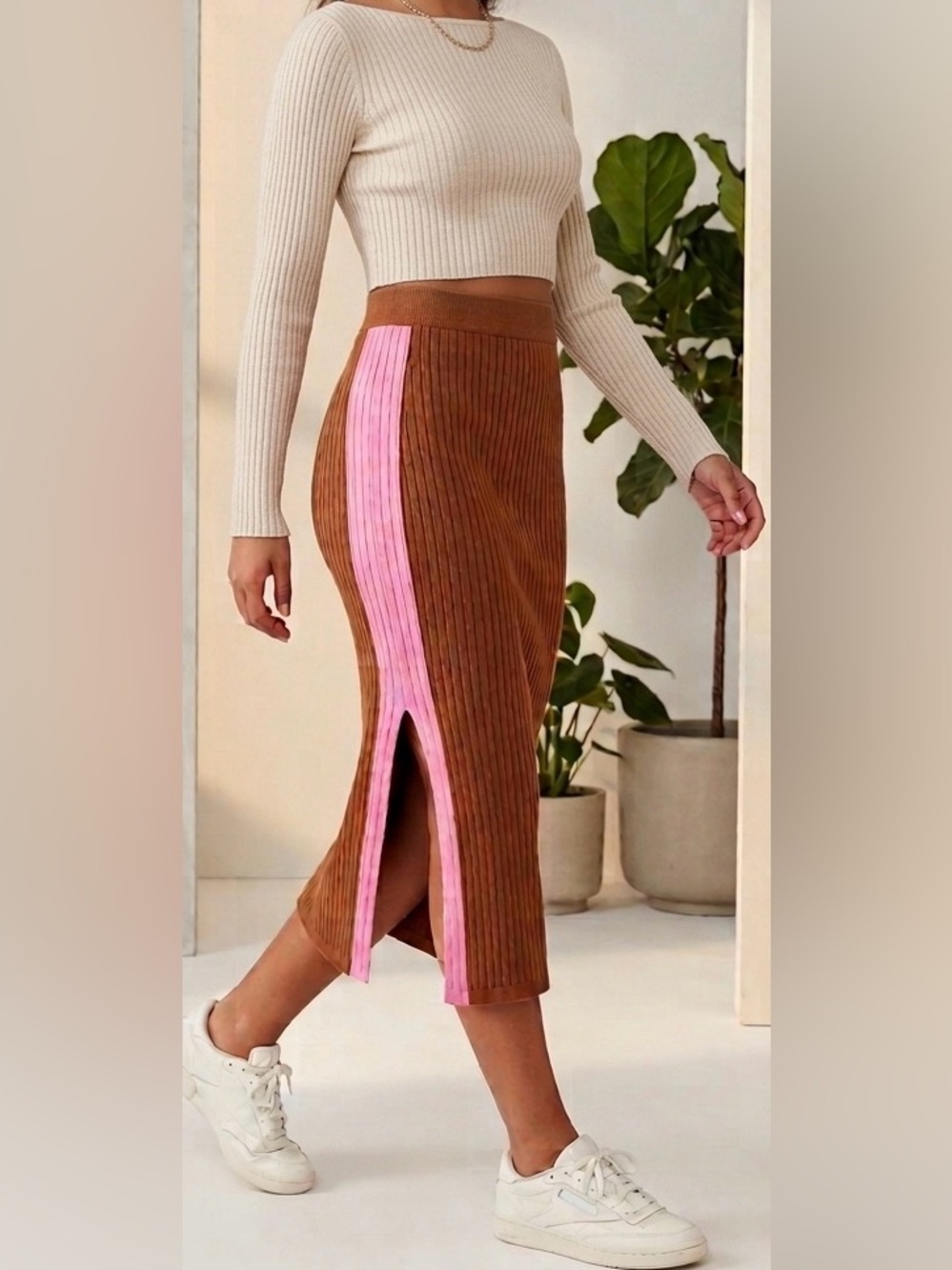 Free People Ribbed Brown Pencil Skirt with Pink Side Panel